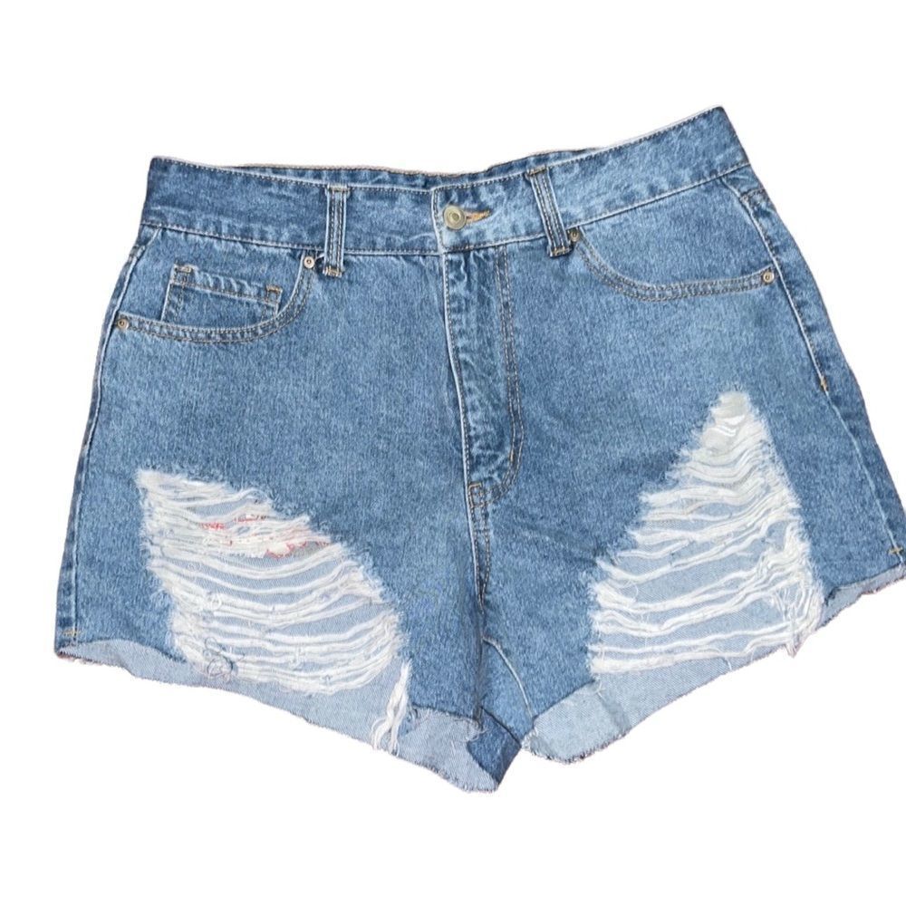 Brand new Jean shorts with frayed design monkey design on back pocket of shorts
